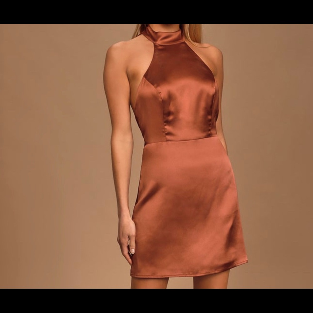 Celebrate Me Rust Brown Satin Halter Mini Dress